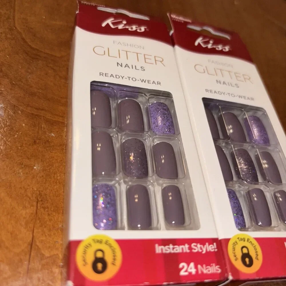KISS NAILS GLUE ON Fashion Glitter Purple Medium LENGTH COFFIN BALLERINA SHAPE
